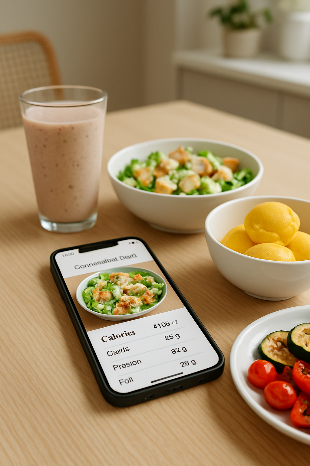 Smartphone screen showing the SnapEat AI app using its camera to identify and analyze a plate of food for smart nutrition tracking.