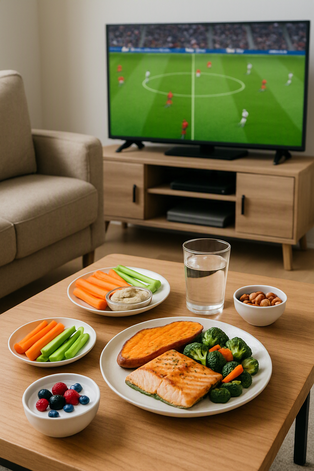 A soccer fan uses the SnapEat AI nutrition tracker app on their phone with a healthy meal while watching the América vs Santos Laguna match.