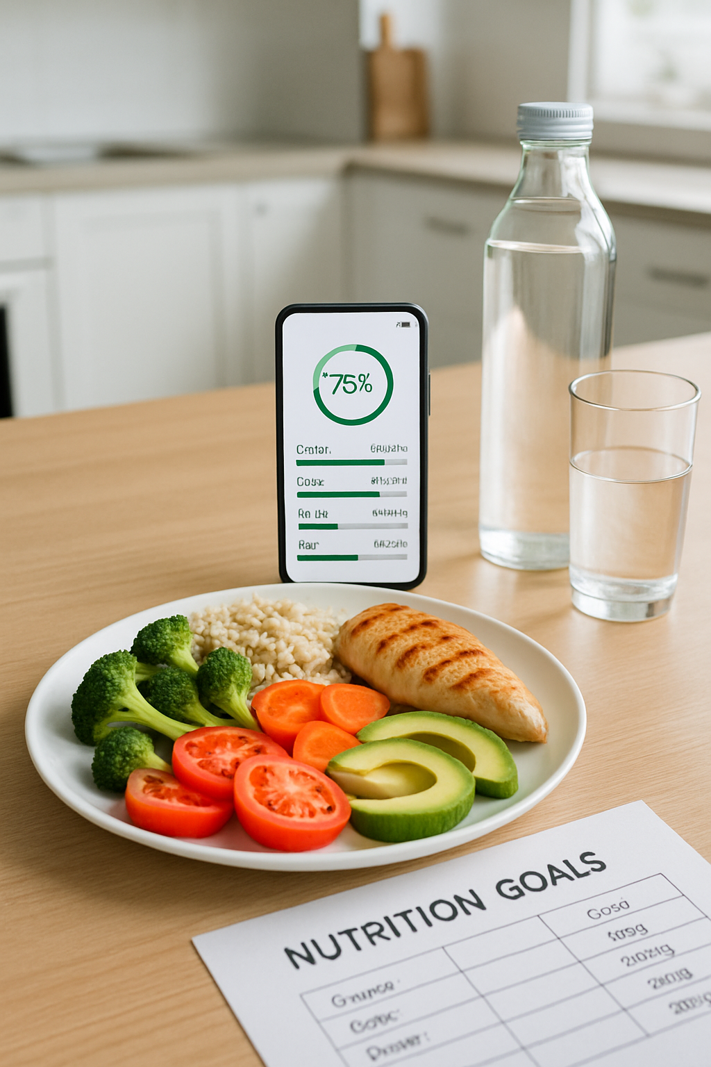 A smartphone displaying the SnapEat AI meal tracker interface over a photo of a healthy meal, demonstrating the snap and track feature.