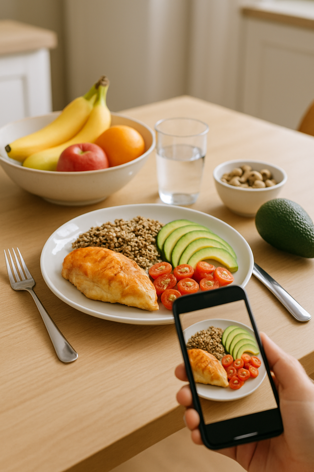 A smartphone displaying the SnapEat AI food tracker app, analyzing a photo of a healthy meal.