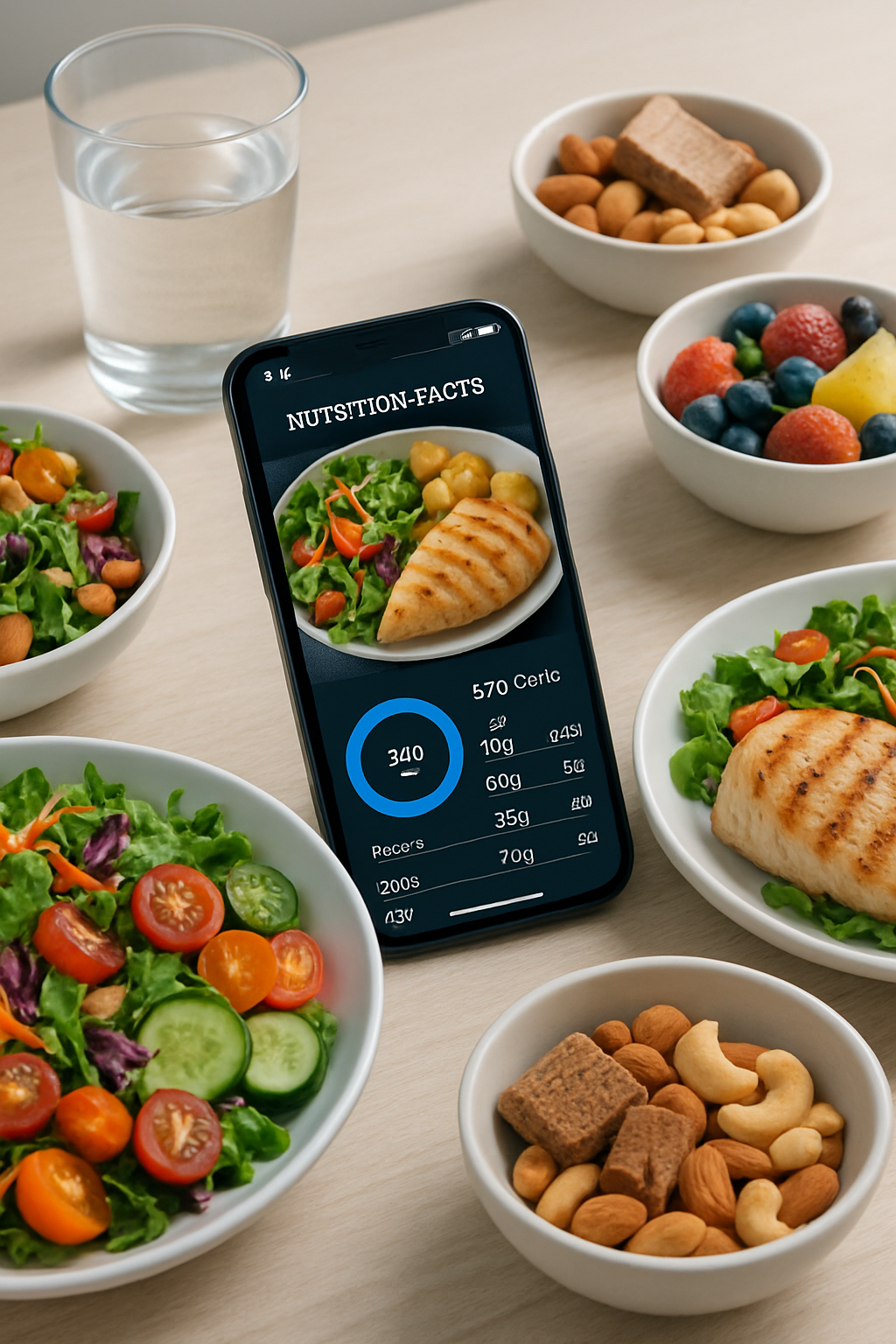 Smartphone screen showing the SnapEat AI app interface analyzing a photo of a healthy meal.