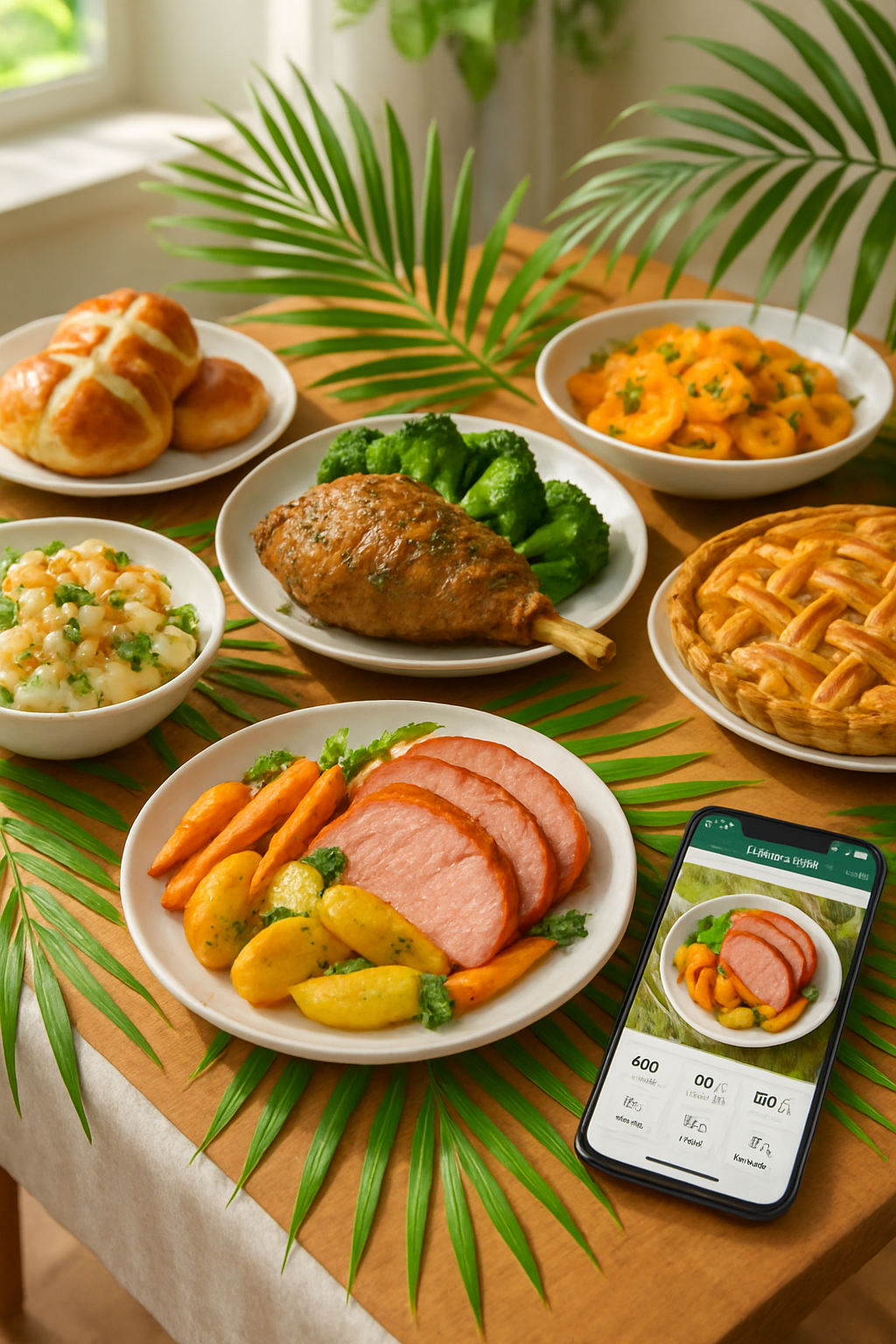 A smartphone displaying the SnapEat AI app interface, analyzing a festive holiday meal to provide a nutritional breakdown.