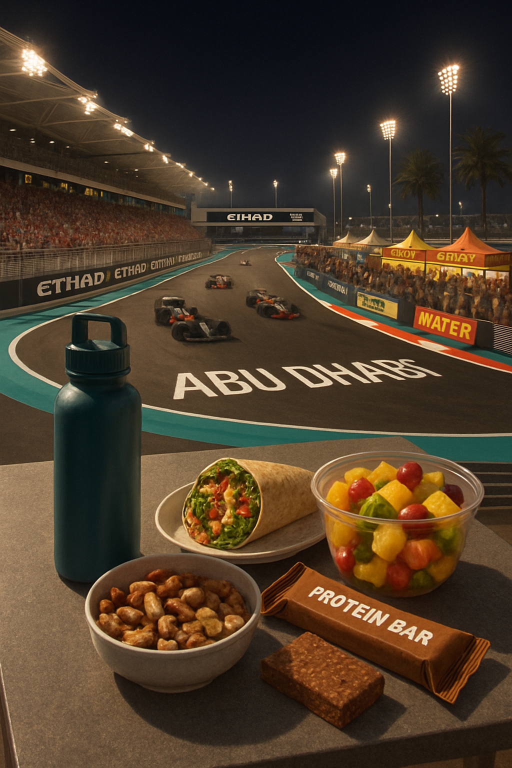 A person uses the SnapEat AI food tracker app on their phone with the vibrant Abu Dhabi GP race track in the background.