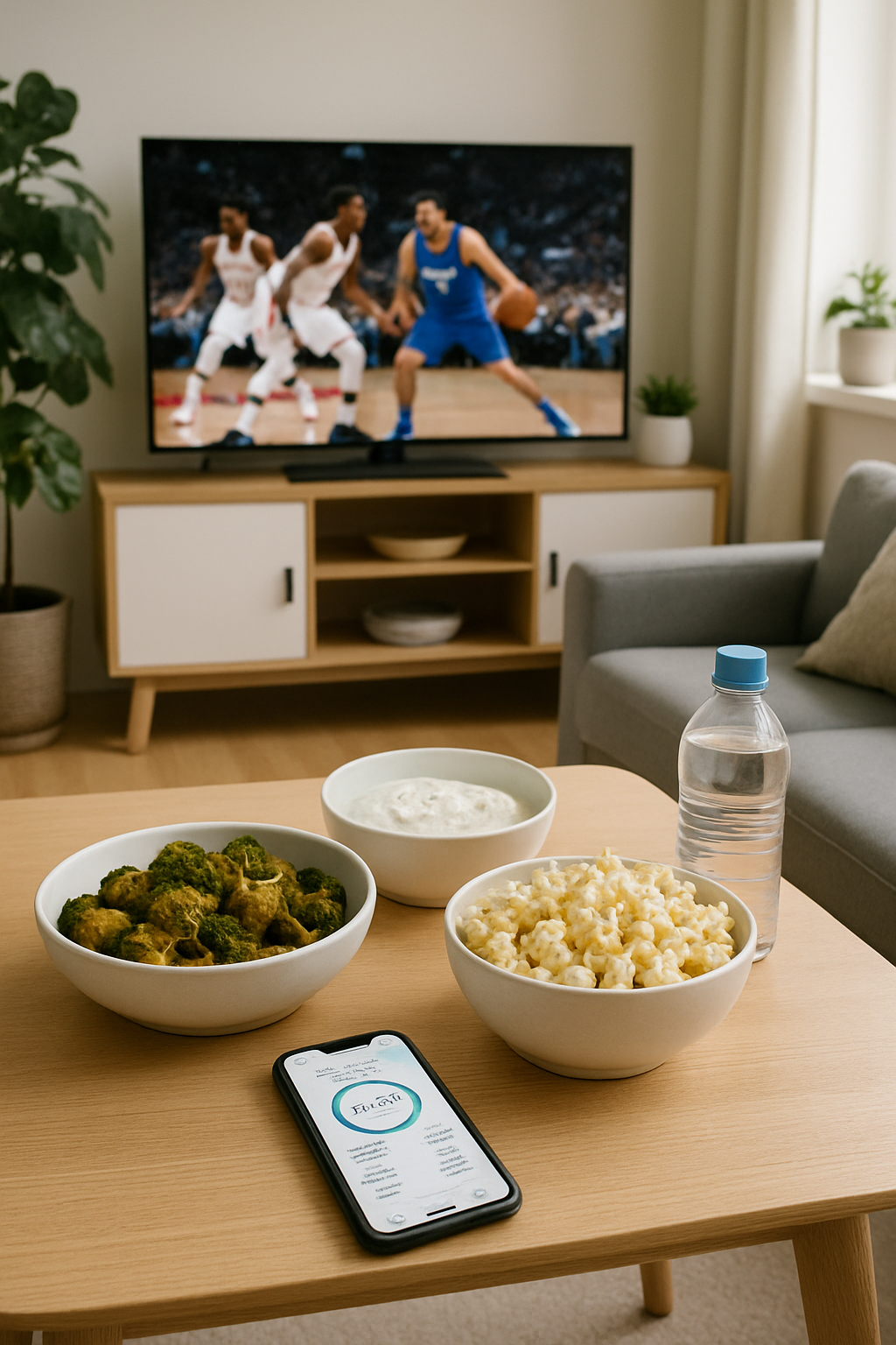 Smartphone with SnapEat AI coach app analyzing healthy game day food for March Madness nutrition.