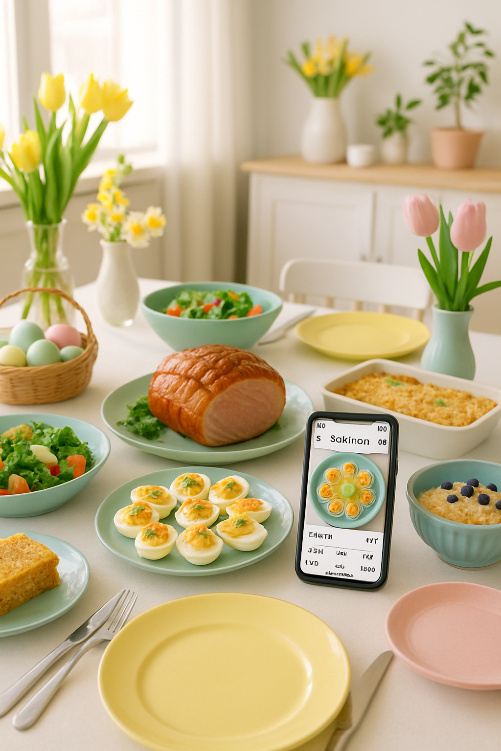 Easter dinner plate with ham and vegetables next to a phone showing the SnapEat AI nutrition tracker app interface