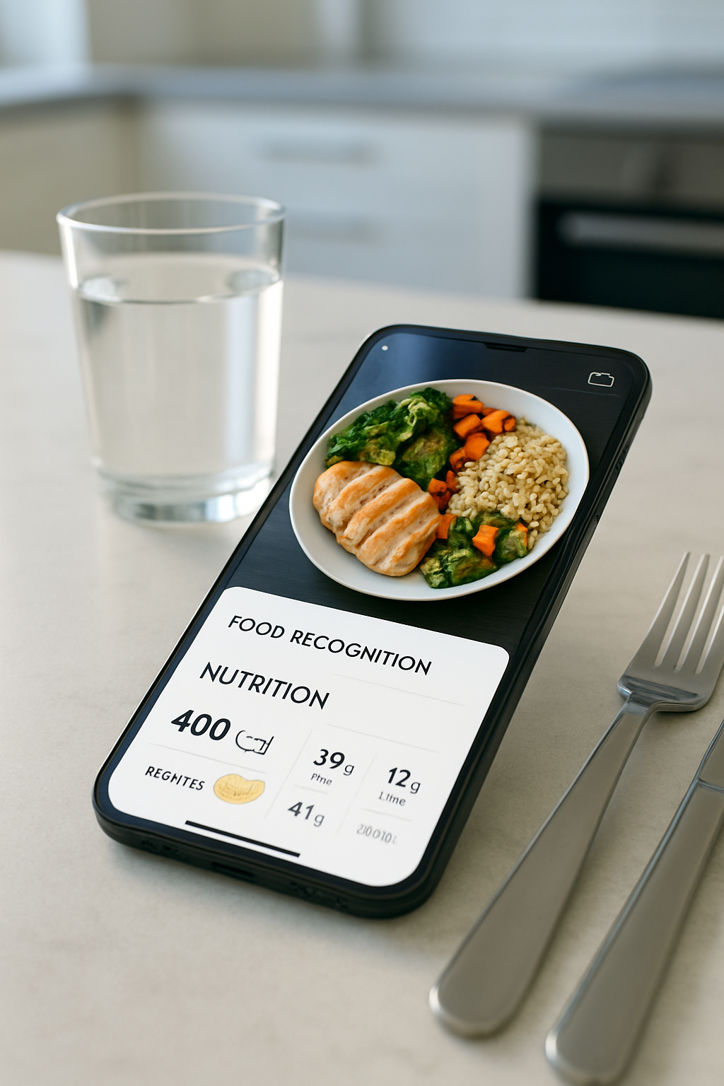 A smartphone screen showing the SnapEat AI app interface analyzing a photo of a healthy meal with salmon and vegetables.