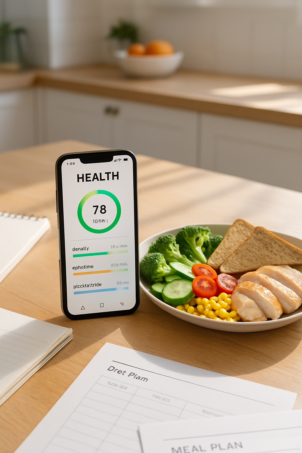 A smartphone showing the SnapEat AI app interface with a healthy meal in the background, symbolizing health tracking during a career transition after the Oracle layoffs.