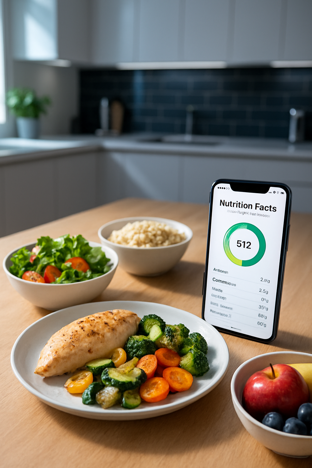 A smartphone showing the SnapEat AI nutrition tracker app analyzing a healthy meal of salmon and vegetables.