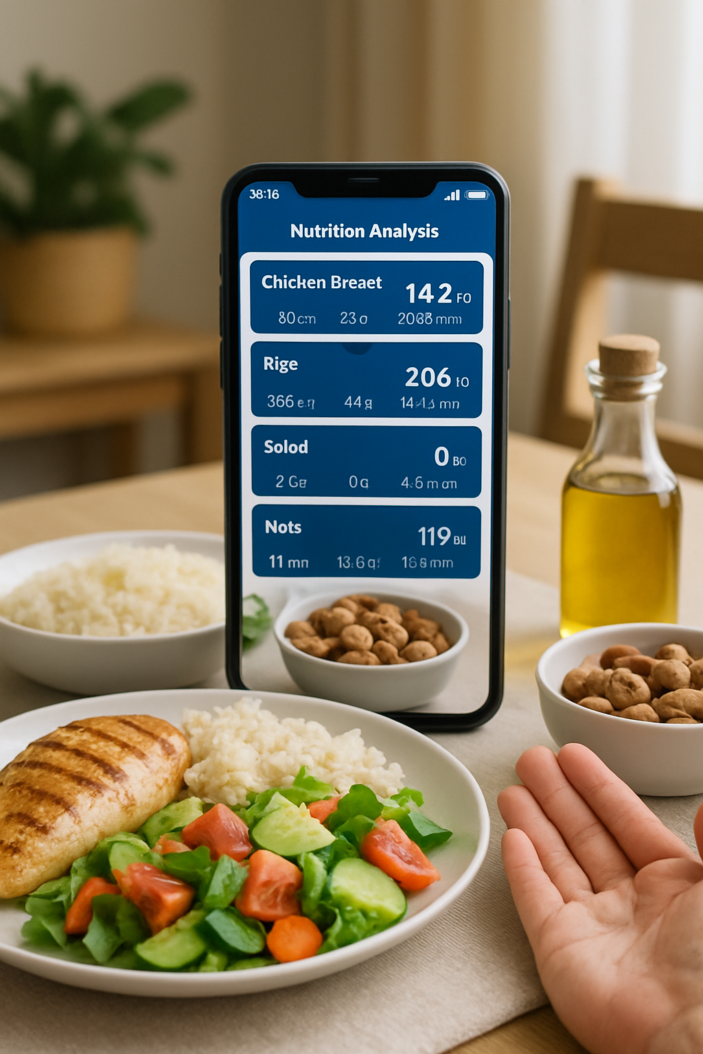The SnapEat AI app interface showing AI food recognition of a meal with instant nutritional analysis.