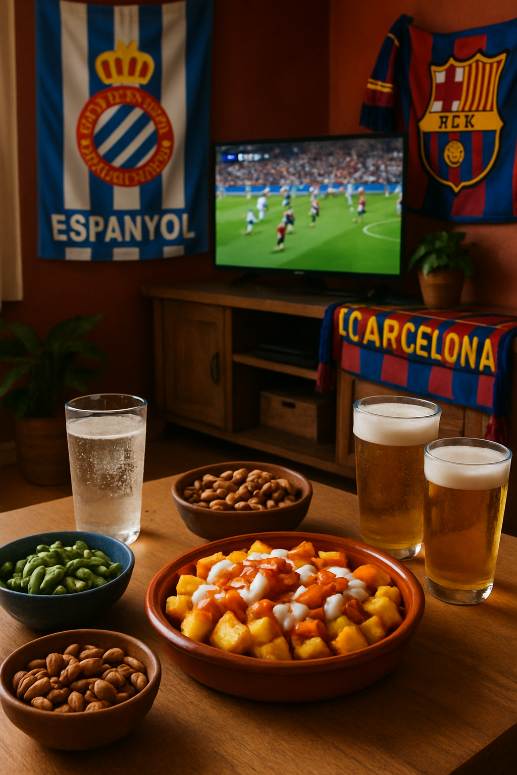 A football fan using the SnapEat AI app on a smartphone to scan a plate of tapas and a beer in a bar.