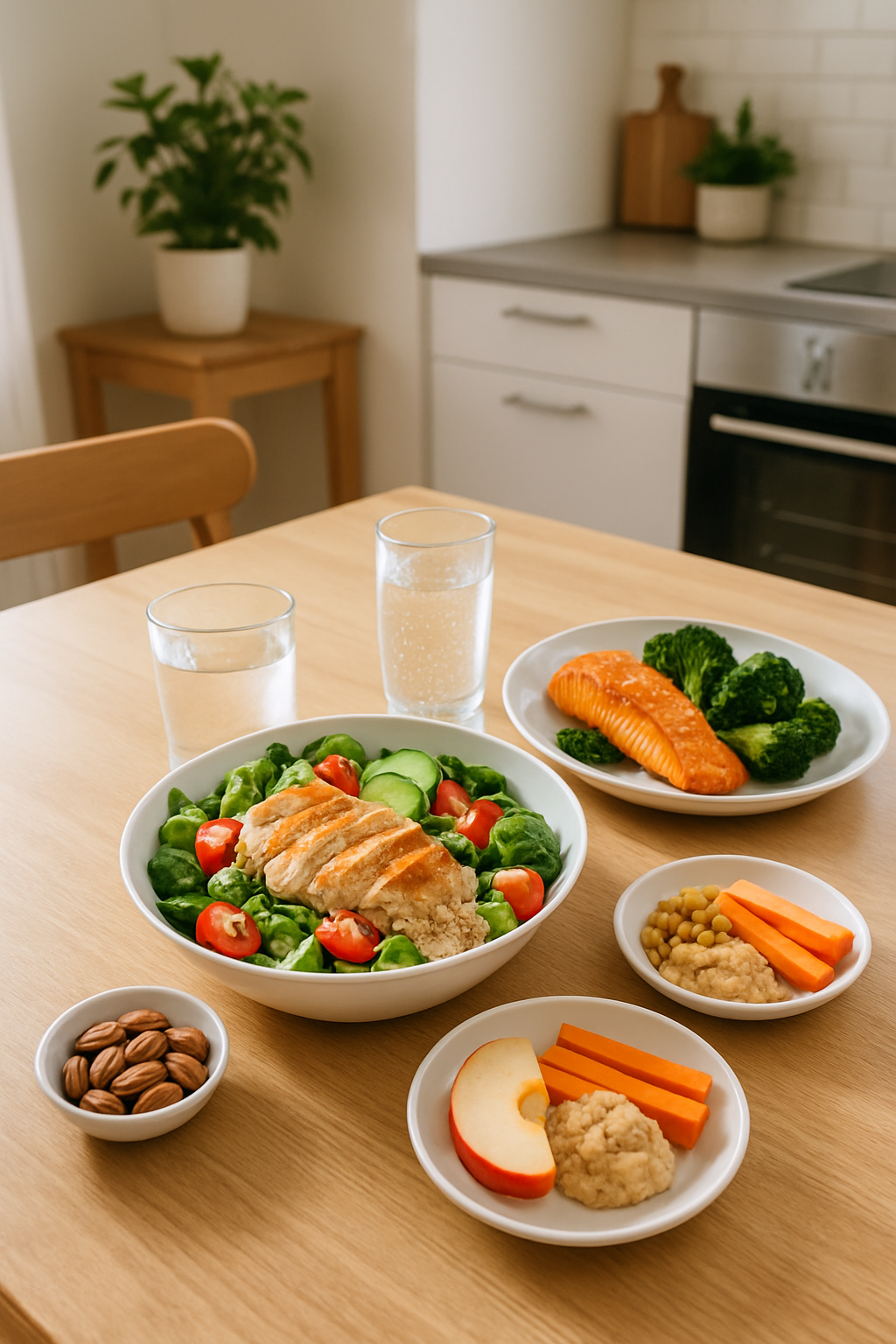 A football on a vibrant green field next to a bowl of healthy salad and a smartphone displaying the SnapEat AI app, illustrating a healthy World Cup diet.