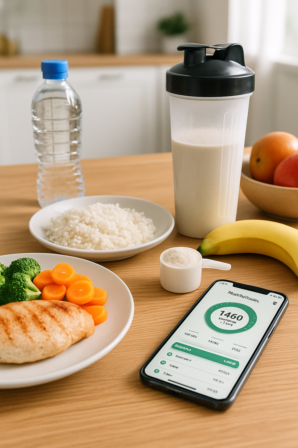 Athlete using the SnapEat AI nutrition tracker app on a smartphone to analyze a healthy meal.
