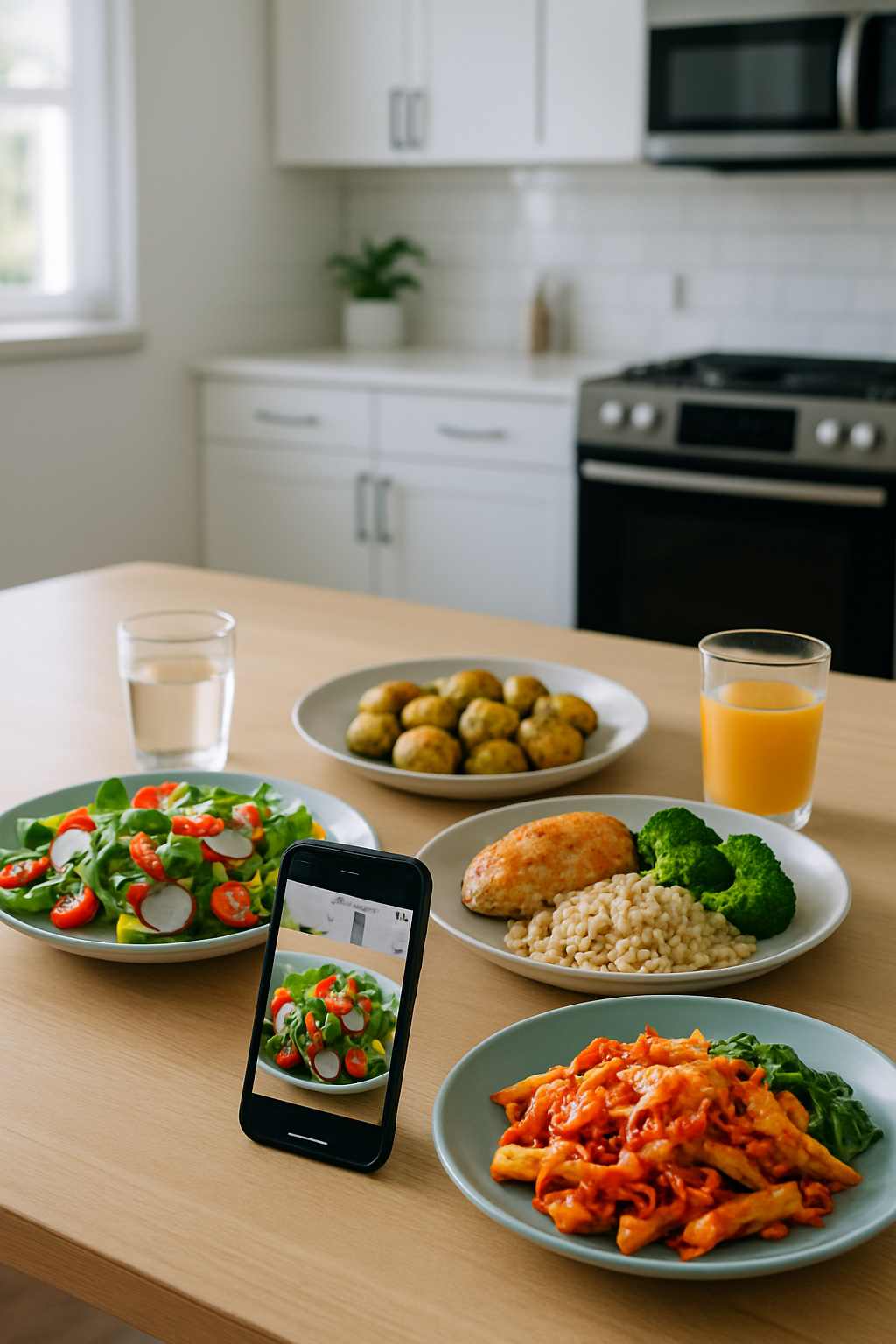 A smartphone showing the SnapEat AI nutrition tracker analyzing a photo of a healthy meal to automatically calculate calories and macros.