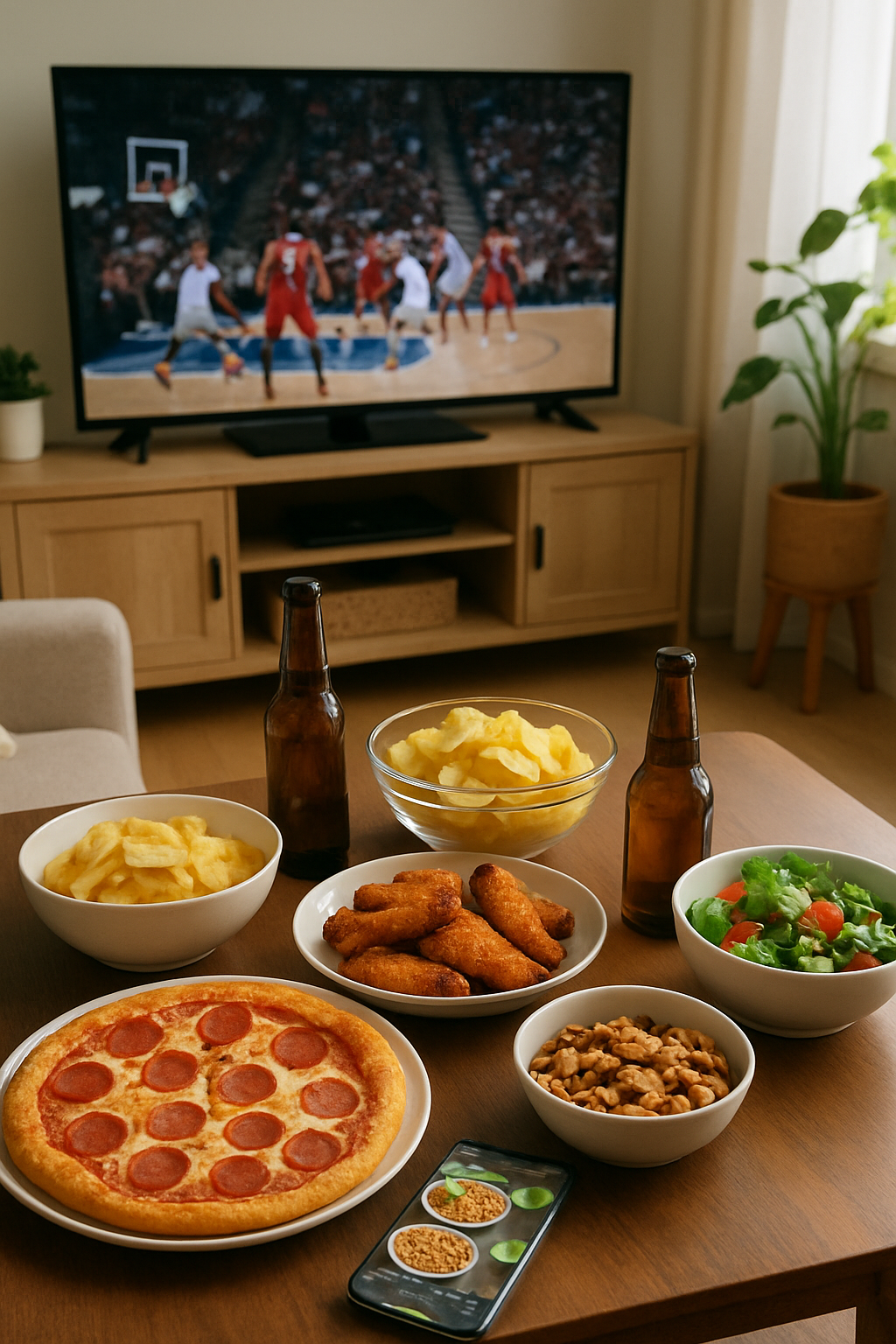 A smartphone showing the SnapEat AI nutrition tracker app interface over a plate of game day food during a basketball game.