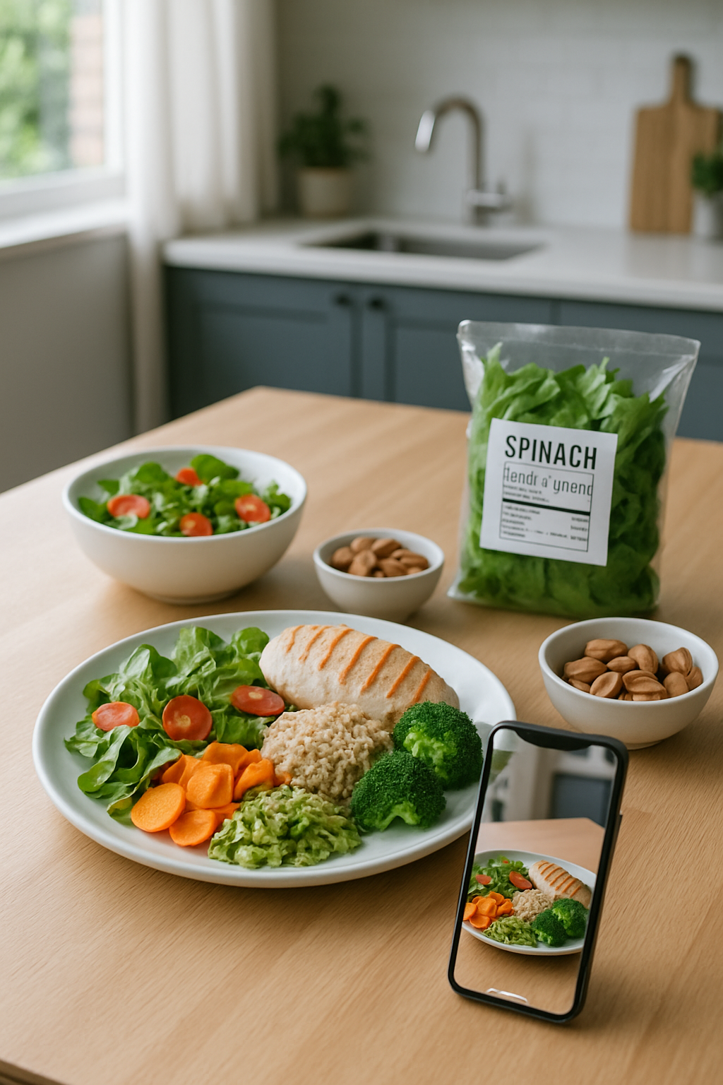 A phone displaying the SnapEat AI smart calorie counter app after taking a photo of a healthy meal, part of a Kimberly Loaiza inspired wellness journey.