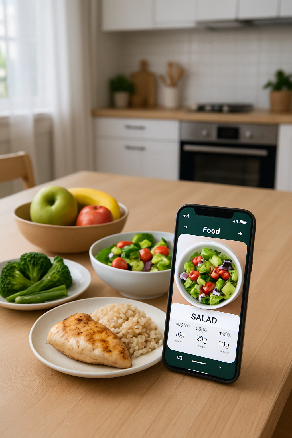 A smartphone showing the SnapEat AI app interface after taking a photo of a healthy meal to get an instant calorie and nutrition breakdown.