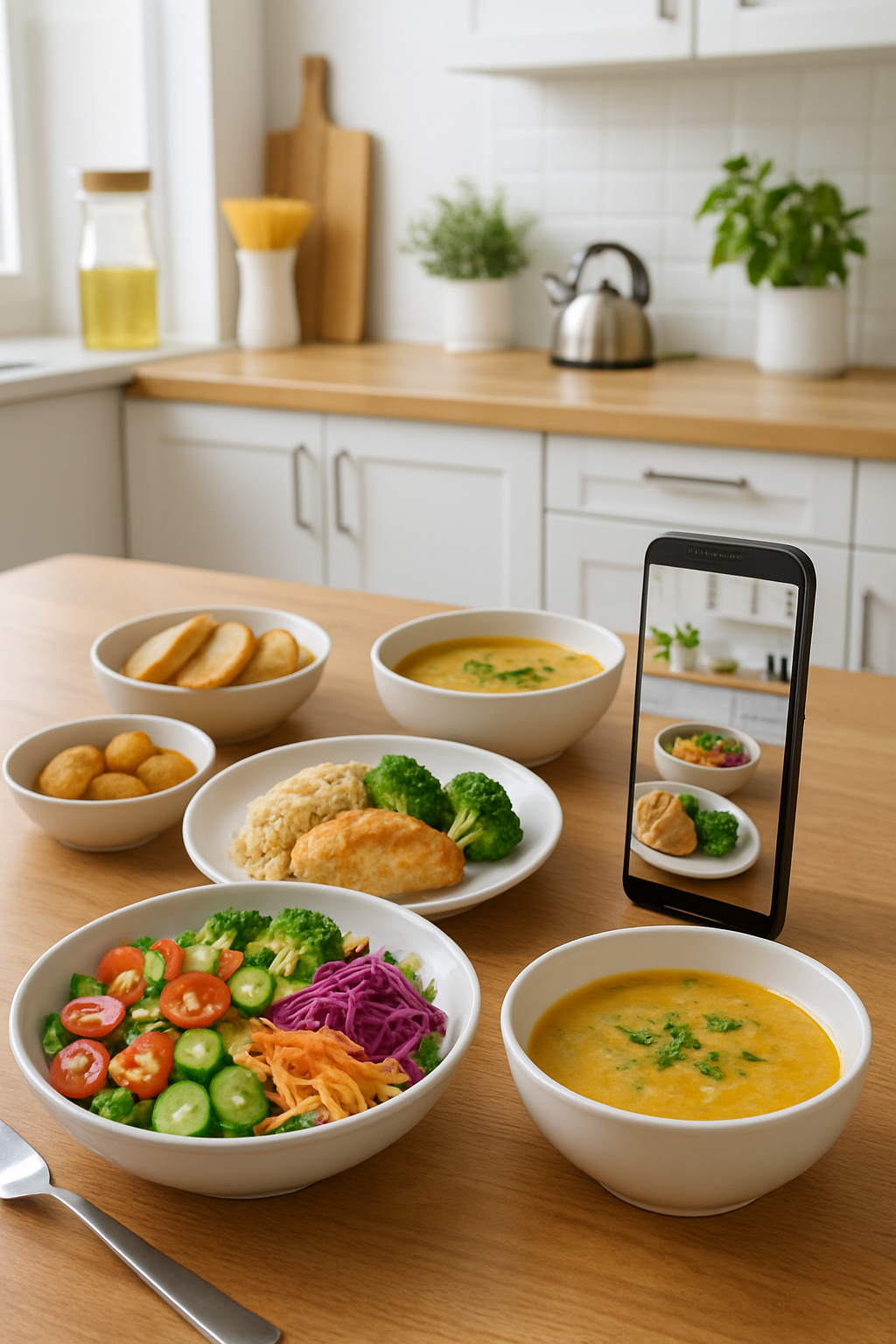 A smartphone displaying the SnapEat AI nutrition tracker app with a plate of healthy food, demonstrating the magic of AI meal logging.