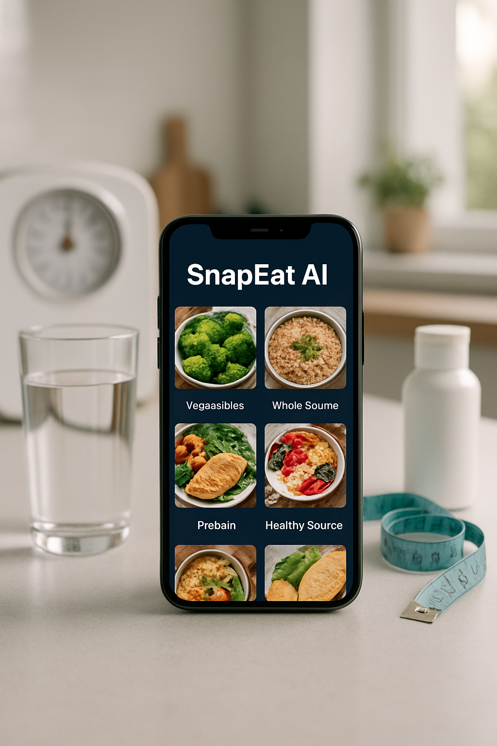 A healthy meal of salmon and vegetables on a plate, with a phone showing the SnapEat AI meal tracking app interface