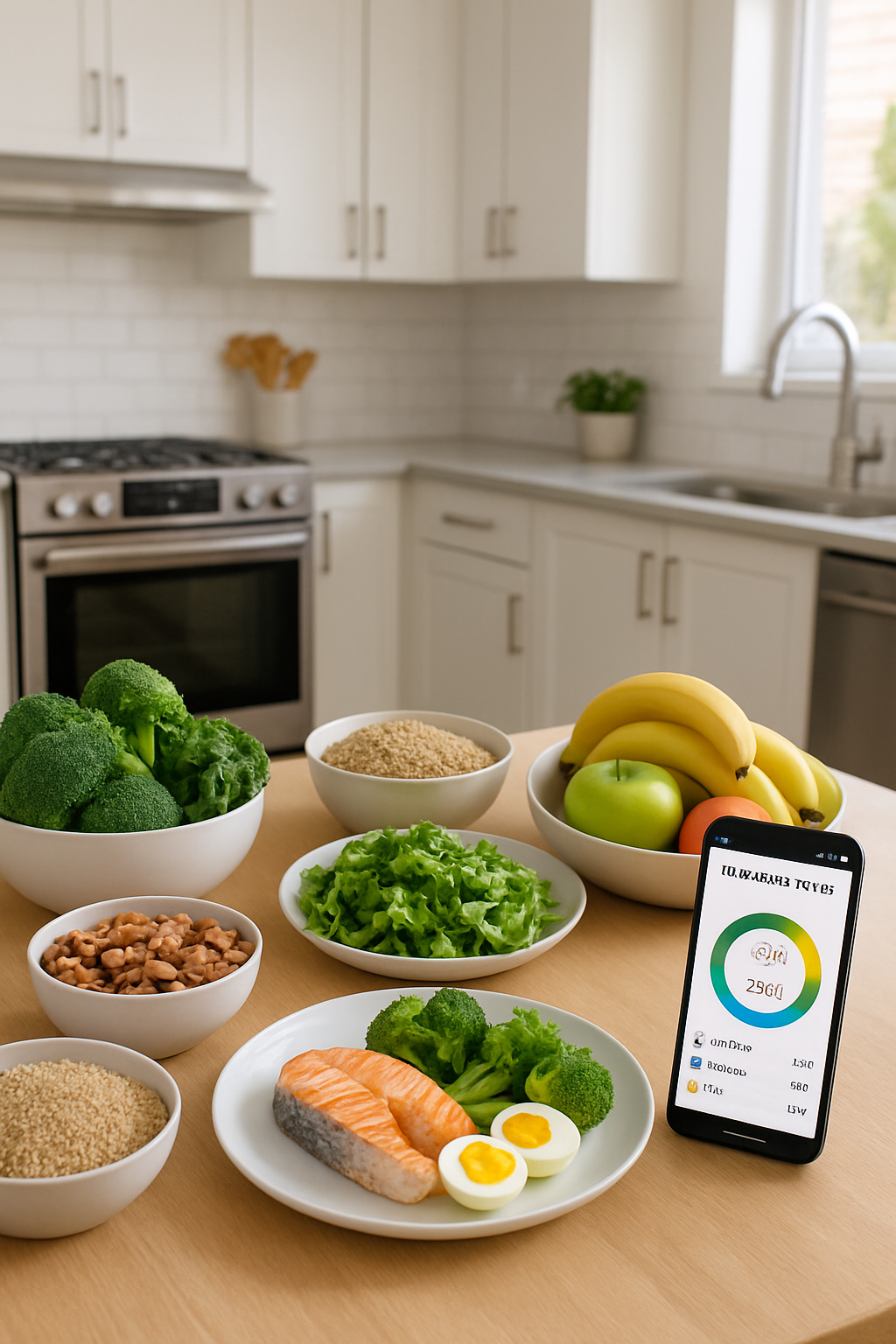 A vibrant and healthy salad on a plate next to a smartphone running the SnapEat AI smart food tracking app.