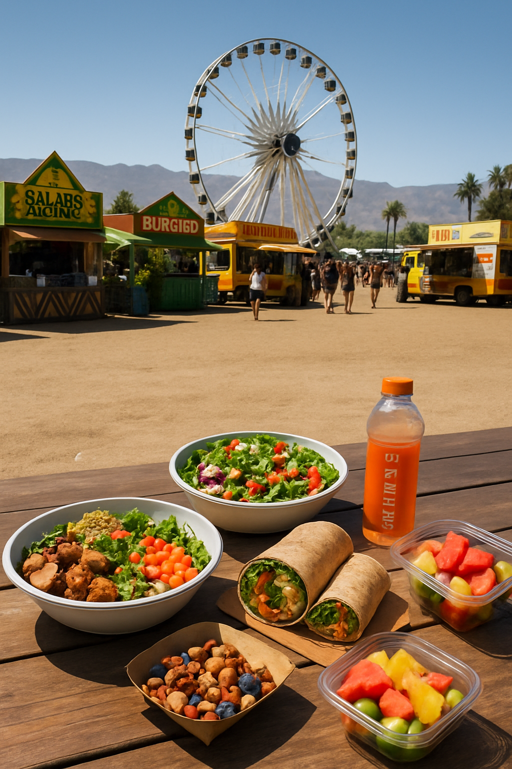 A vibrant photo of healthy festival food with the Coachella Ferris wheel in the background, symbolizing the Coachella 2026 nutrition guide.