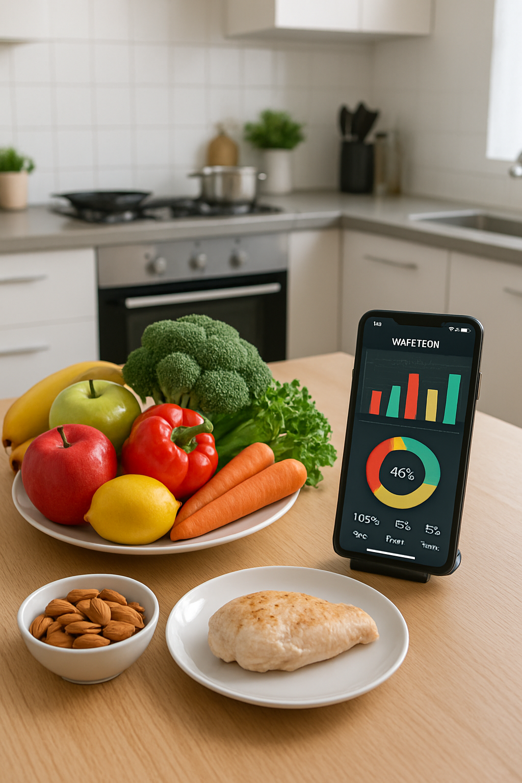 Smartphone displaying the SnapEat AI app, showing a photo of a healthy meal with nutritional data, symbolizing easy food tracking for body transformation.