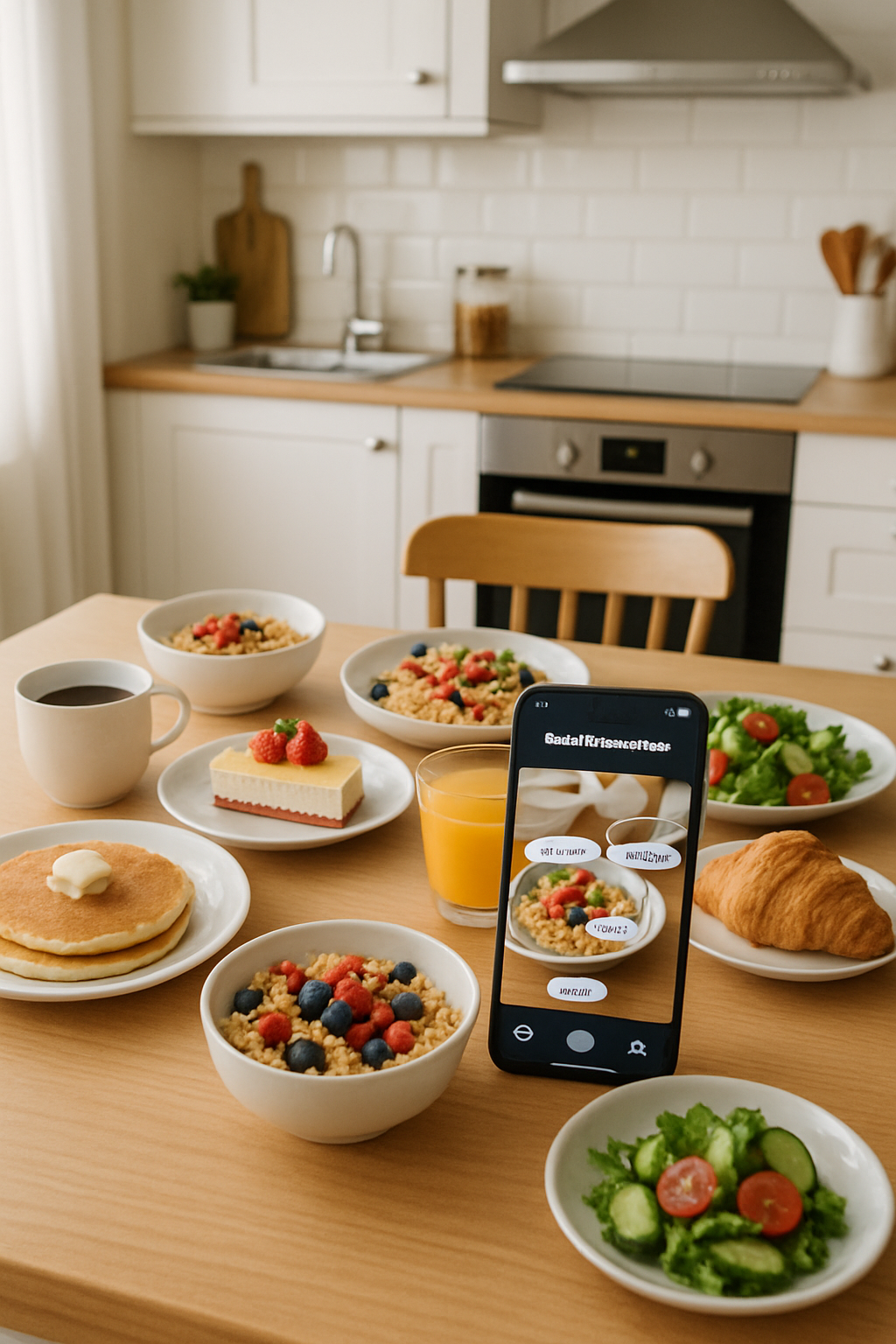 A smartphone using an AI food tracker app to analyze the calories in a weekend brunch meal.