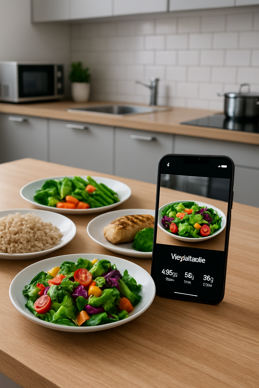 A smartphone displaying the SnapEat AI app interface, which shows a nutritional breakdown of a meal from a photo, with Bo Lueders' branding.