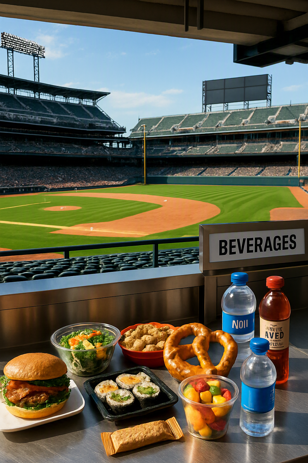 A smartphone showing SnapEat AI tracking nutritious food with a stadium in the background.