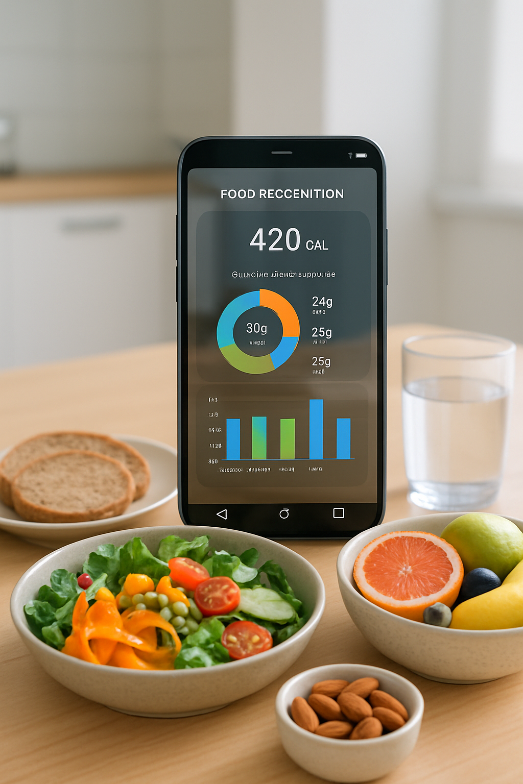 Smartphone showing the SnapEat AI app interface with its food photo logging feature analyzing a bowl of salad