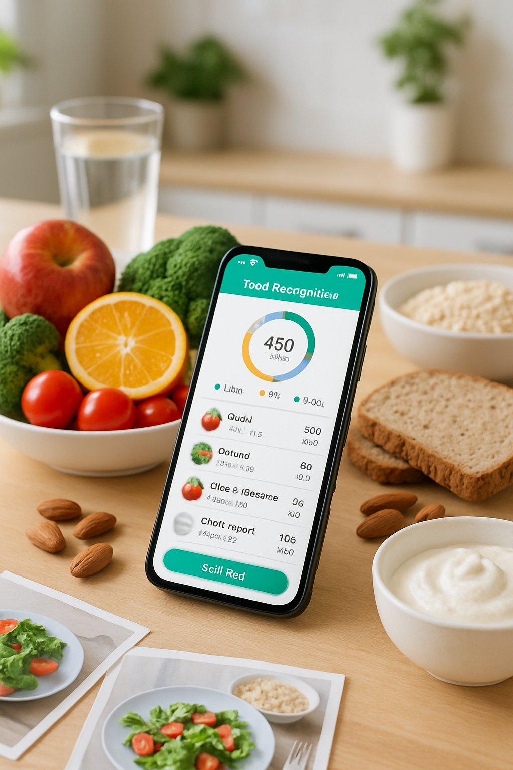Teenager using the SnapEat AI food recognition app on her phone to track a healthy meal for prom prep