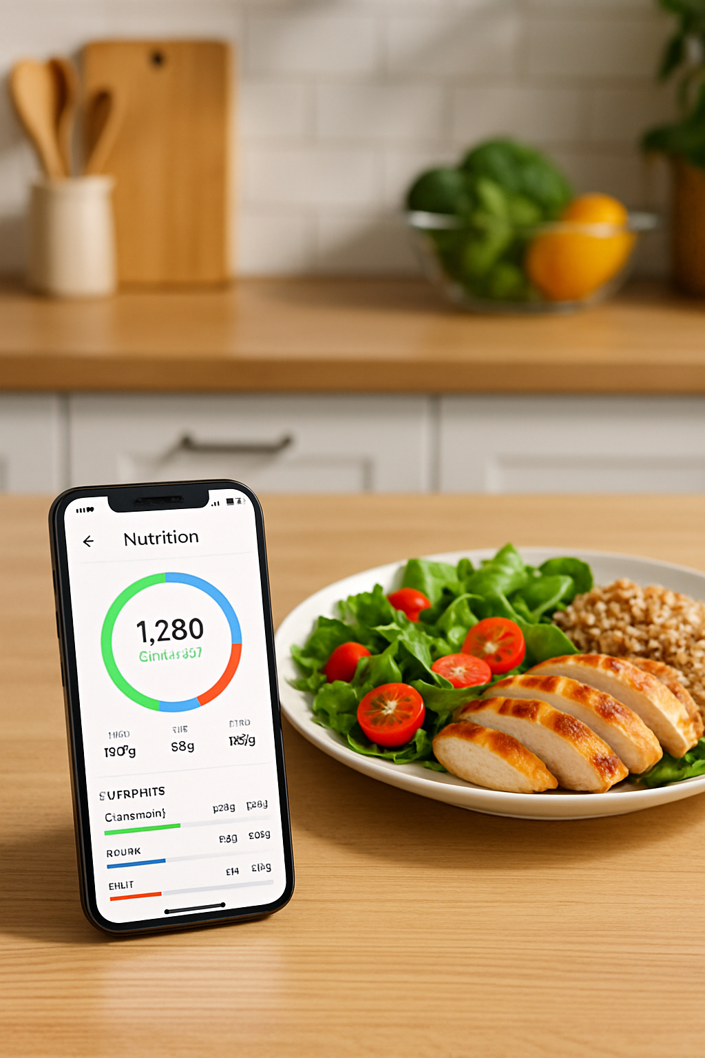 Smartphone showing the SnapEat AI nutrition tracker app analyzing a photo of a healthy meal with salmon and vegetables.