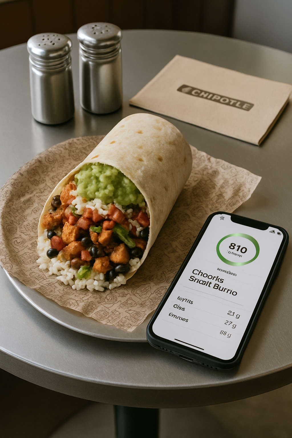 A smartphone using the SnapEat AI app to scan and track the calories of a custom Chipotle burrito bowl.