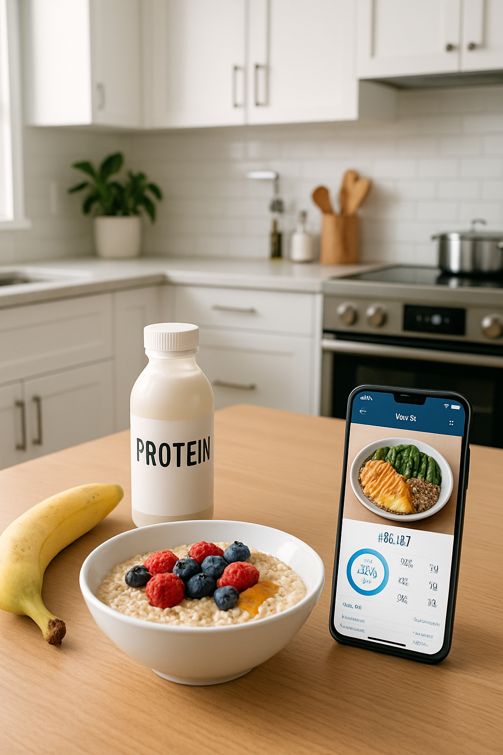 A smartphone using the SnapEat AI app to track calories by taking a photo of a healthy meal with chicken, quinoa, and vegetables.