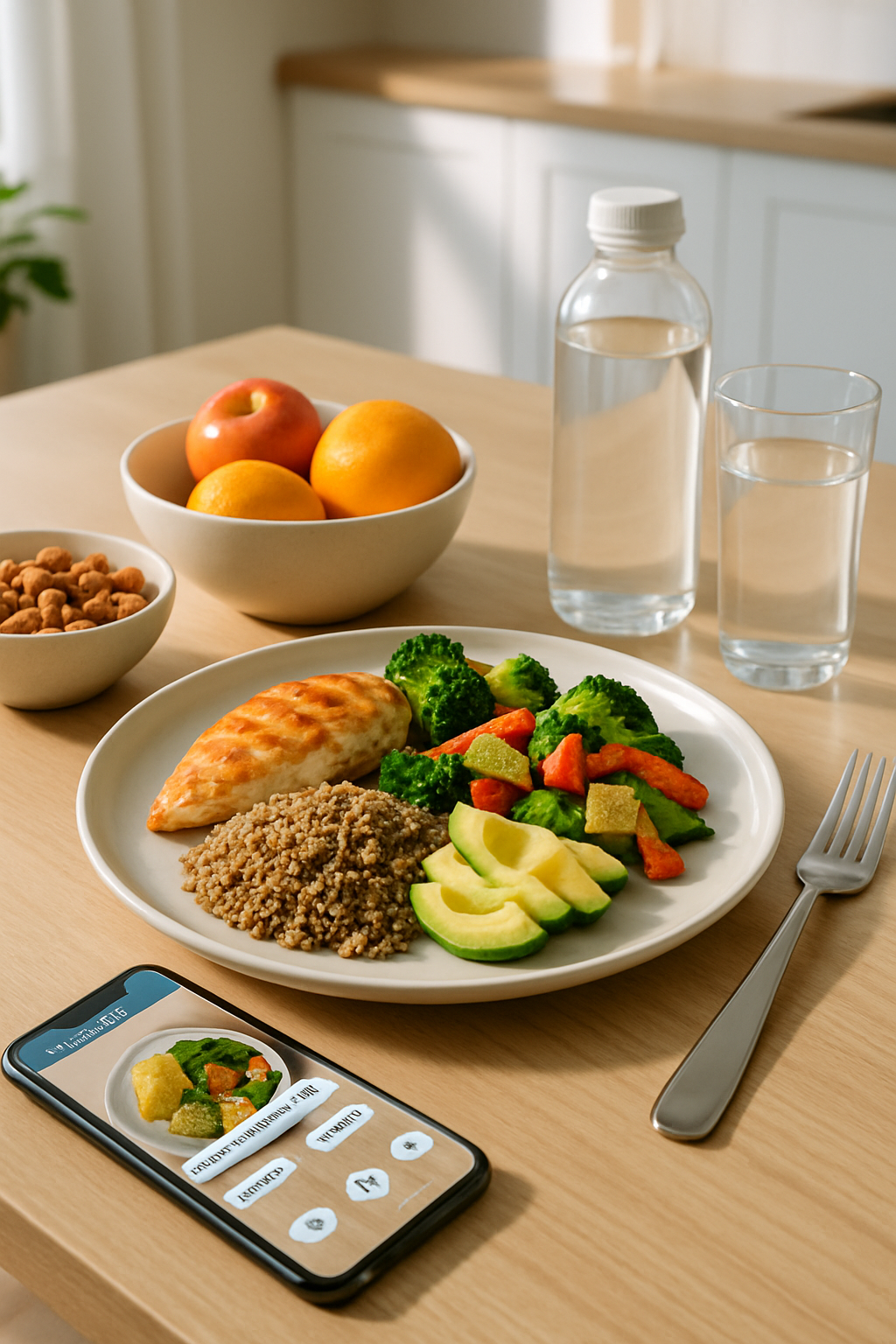 A smartphone displaying the SnapTrack AI nutrition tracker interface, scanning a healthy meal to demonstrate how to track nutrition with a photo.