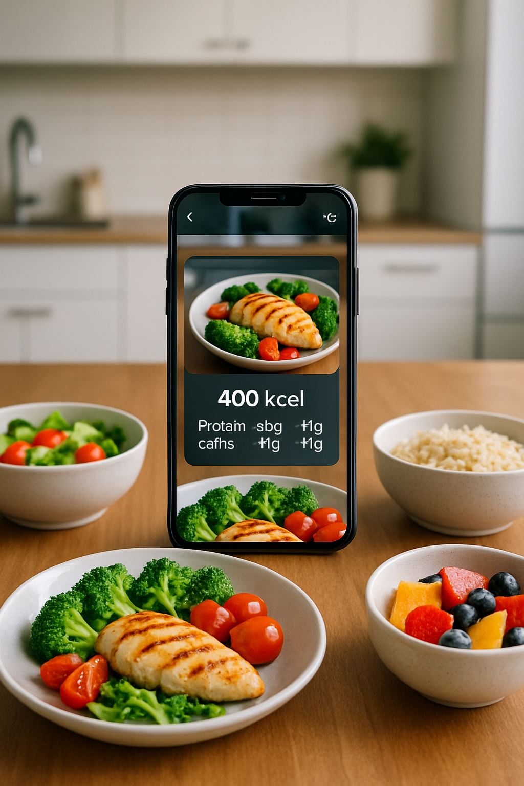 A plate of healthy food being scanned by the SnapEat AI meal tracker app on a smartphone, symbolizing ruling your health goals.