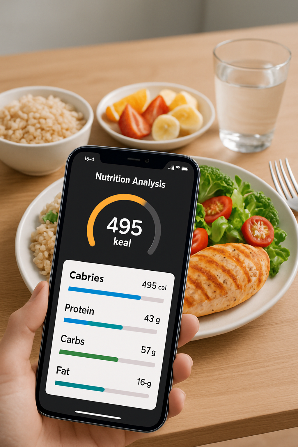 Smartphone showing the SnapEat AI calorie counter app identifying a meal from a photo.