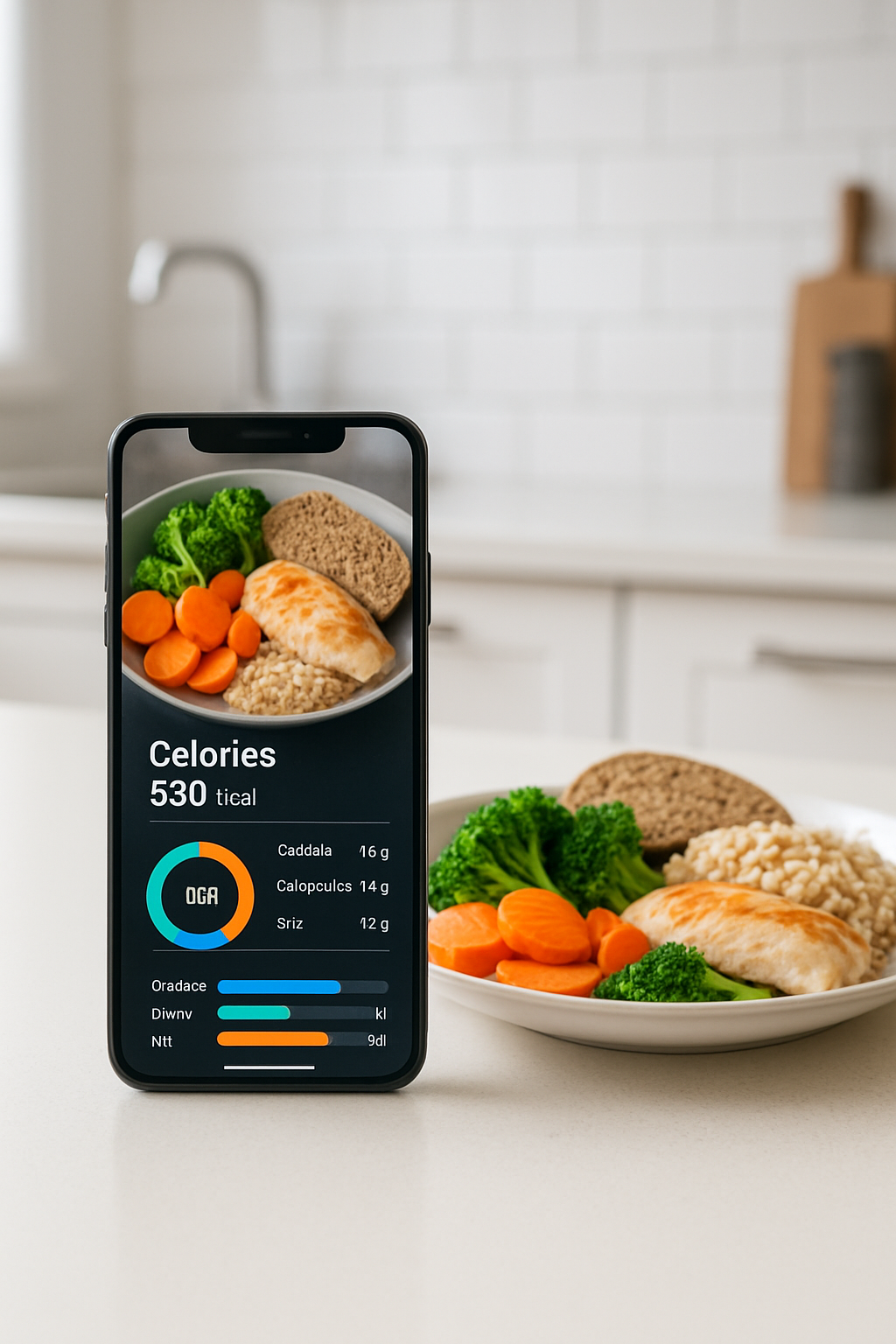 Smartphone showing the SnapEat AI app using AI nutrition tracking to analyze a bowl of salad.