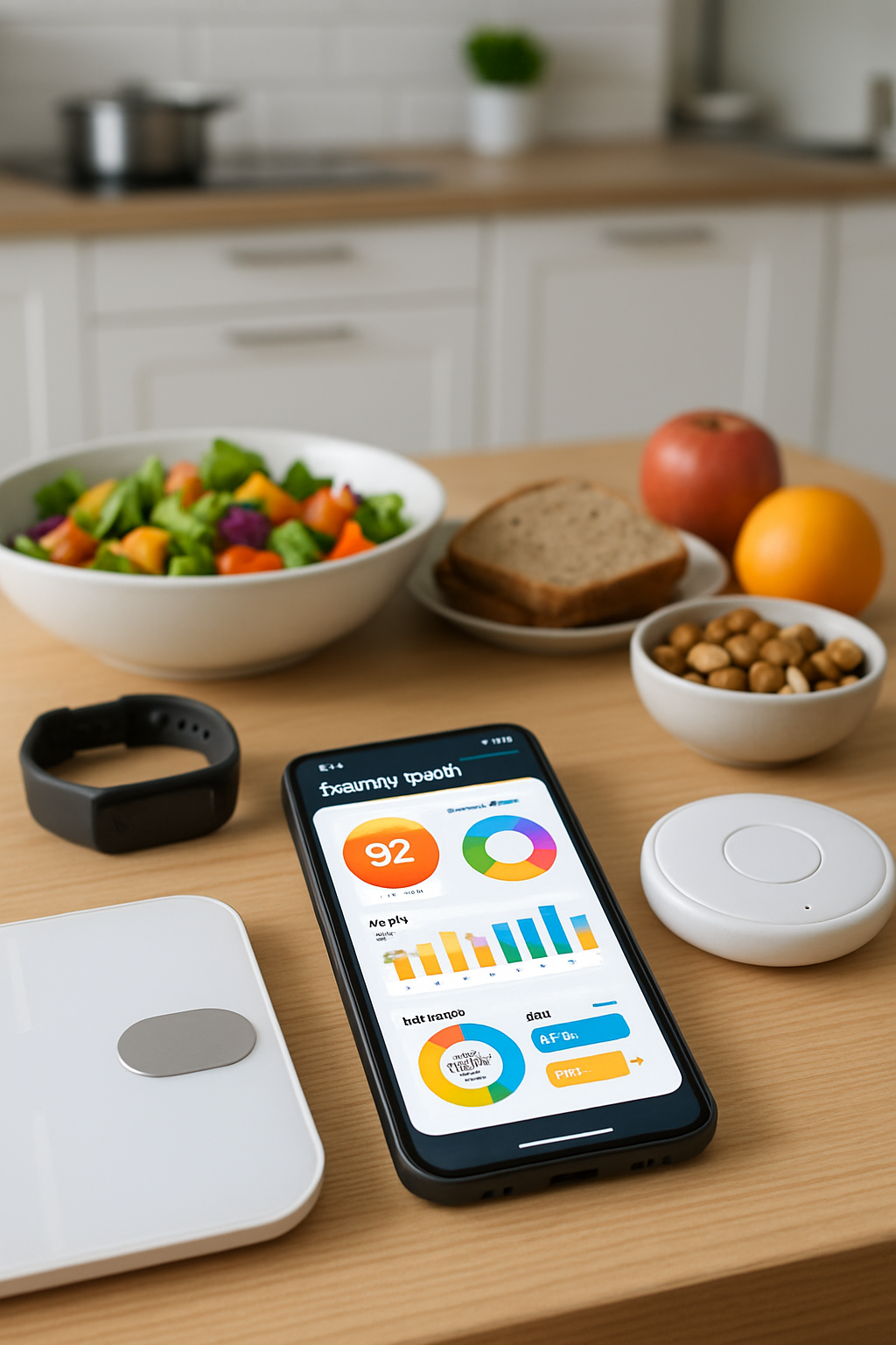 A smartphone showing the SnapEat AI app interface analyzing a photo of a healthy salad, demonstrating the AI nutrition coach functionality.