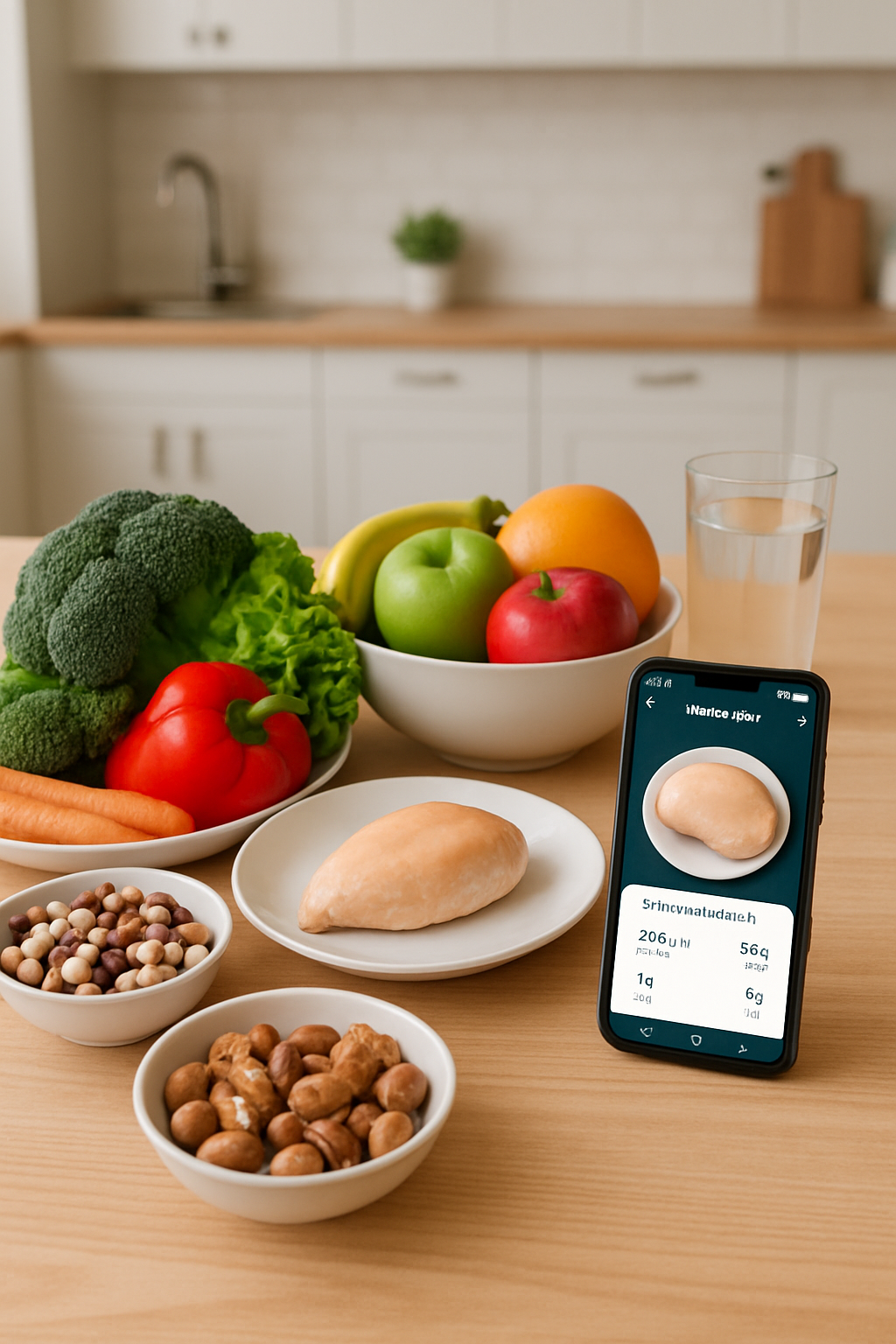 A smartphone displays the SnapEat AI nutrition tracker app analyzing a healthy meal, with #PrayForSumatra text overlay.