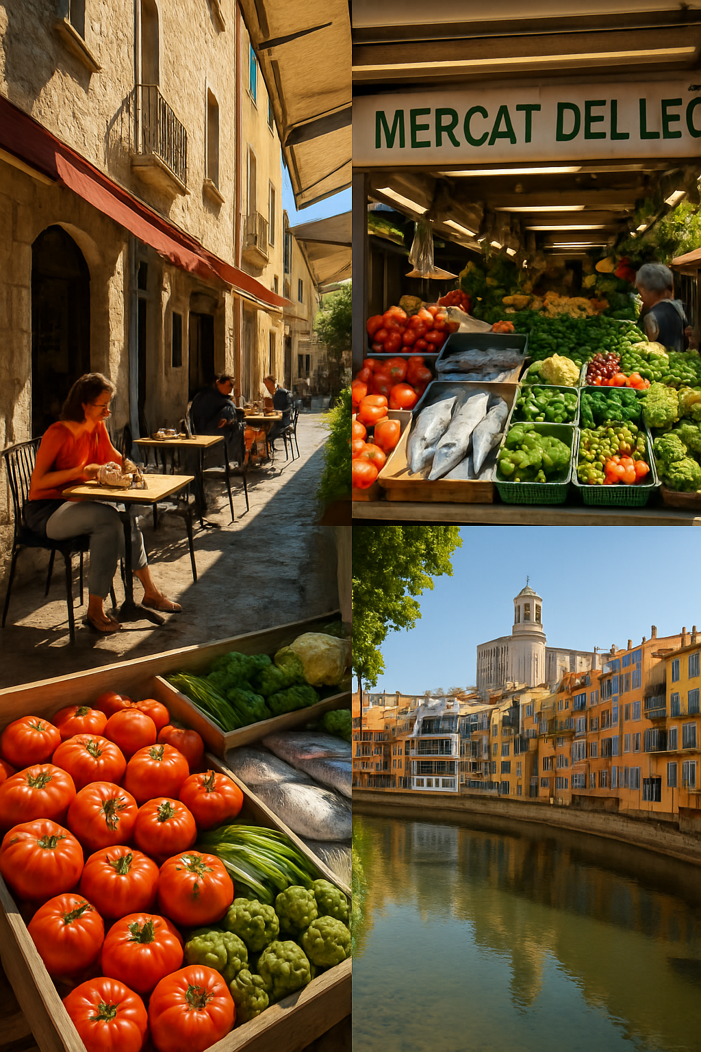Smartphone showing SnapEat AI app analyzing a plate of Catalan food with Girona's colorful houses in the background.