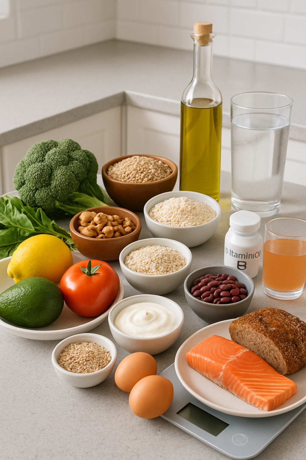 A vibrant flat lay of healthy foods including fruits, vegetables, and nuts, with a smartphone displaying the SnapEat AI app interface.