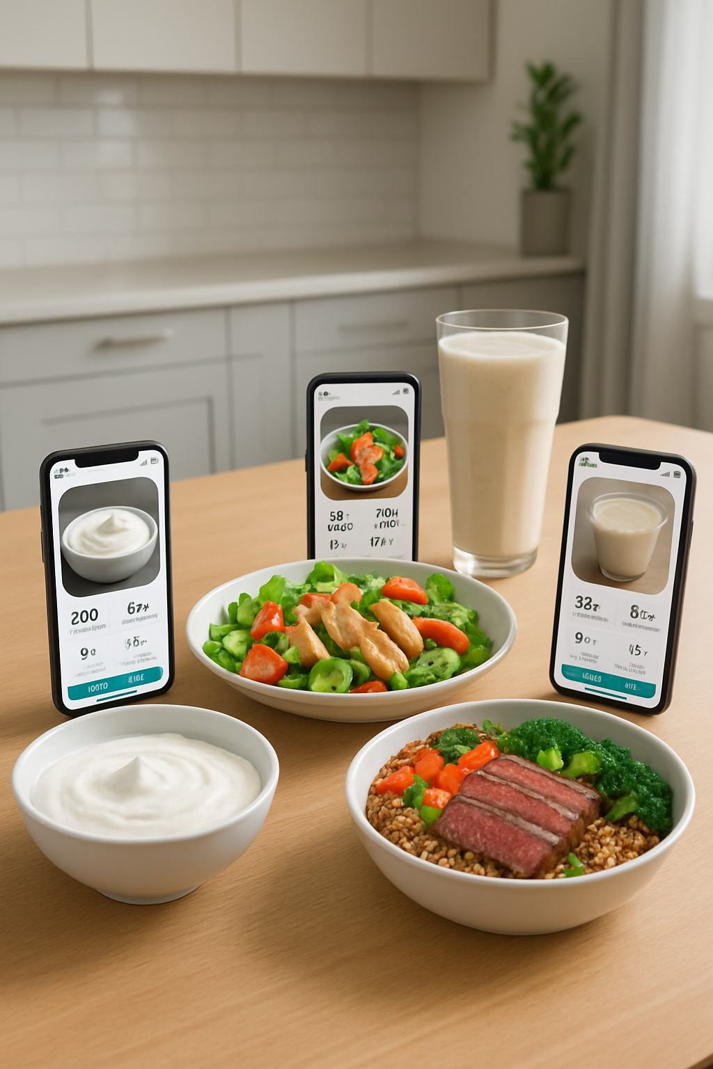 Smartphone showing SnapEat AI app interface analyzing a meal for a body transformation plan.
