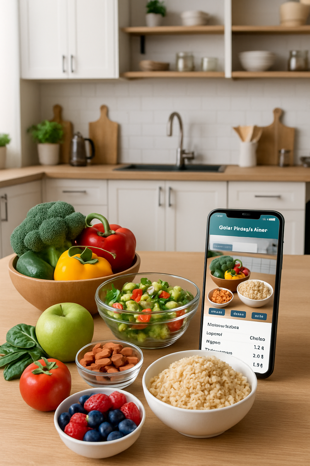 A smartphone displays the SmartEat AI app analyzing a photo of a healthy meal, showing its smart calorie counter and nutrition tracking capabilities.