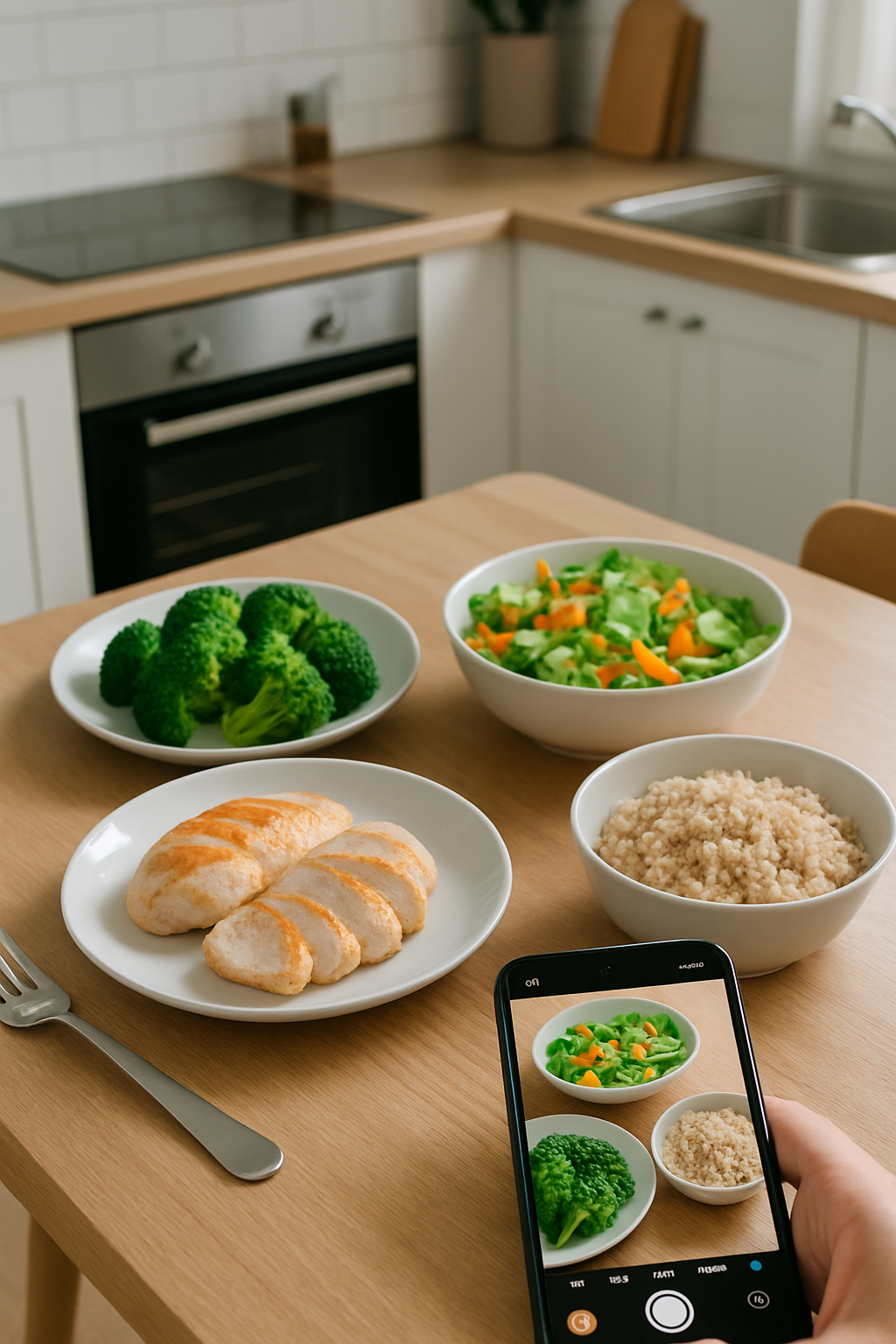 A smartphone displaying the EasyFoodTrack app interface analyzing a photo of a nutritious meal.