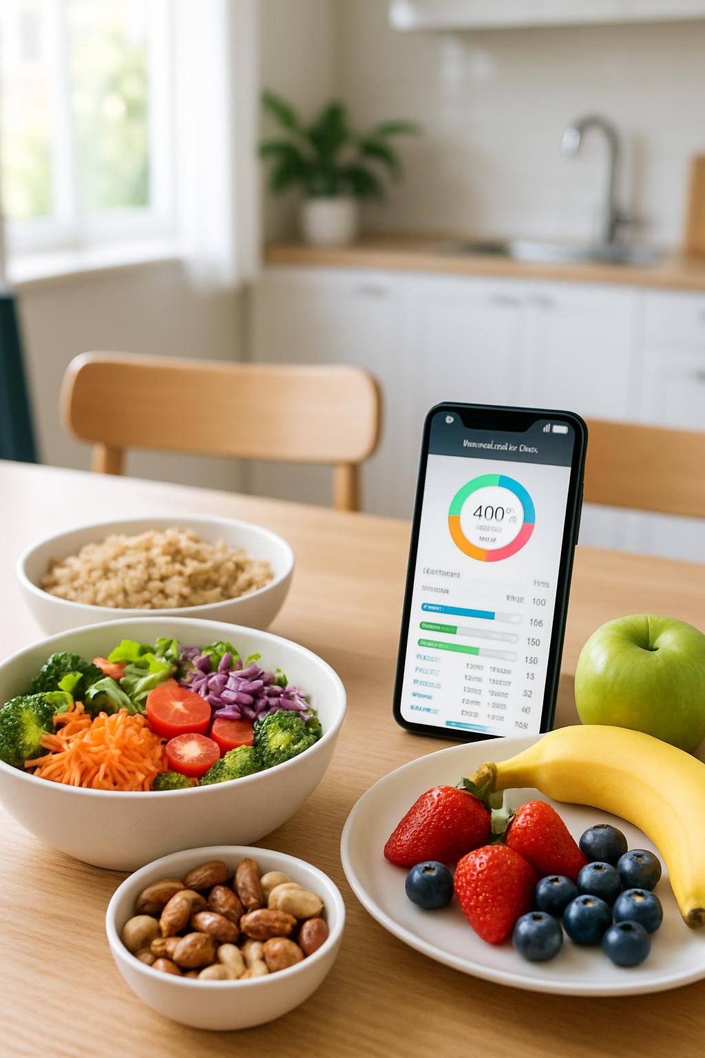 A smartphone displaying the SnapEat AI app interface, which has analyzed a photo of a salmon and vegetable meal, showing calorie and macro counts.
