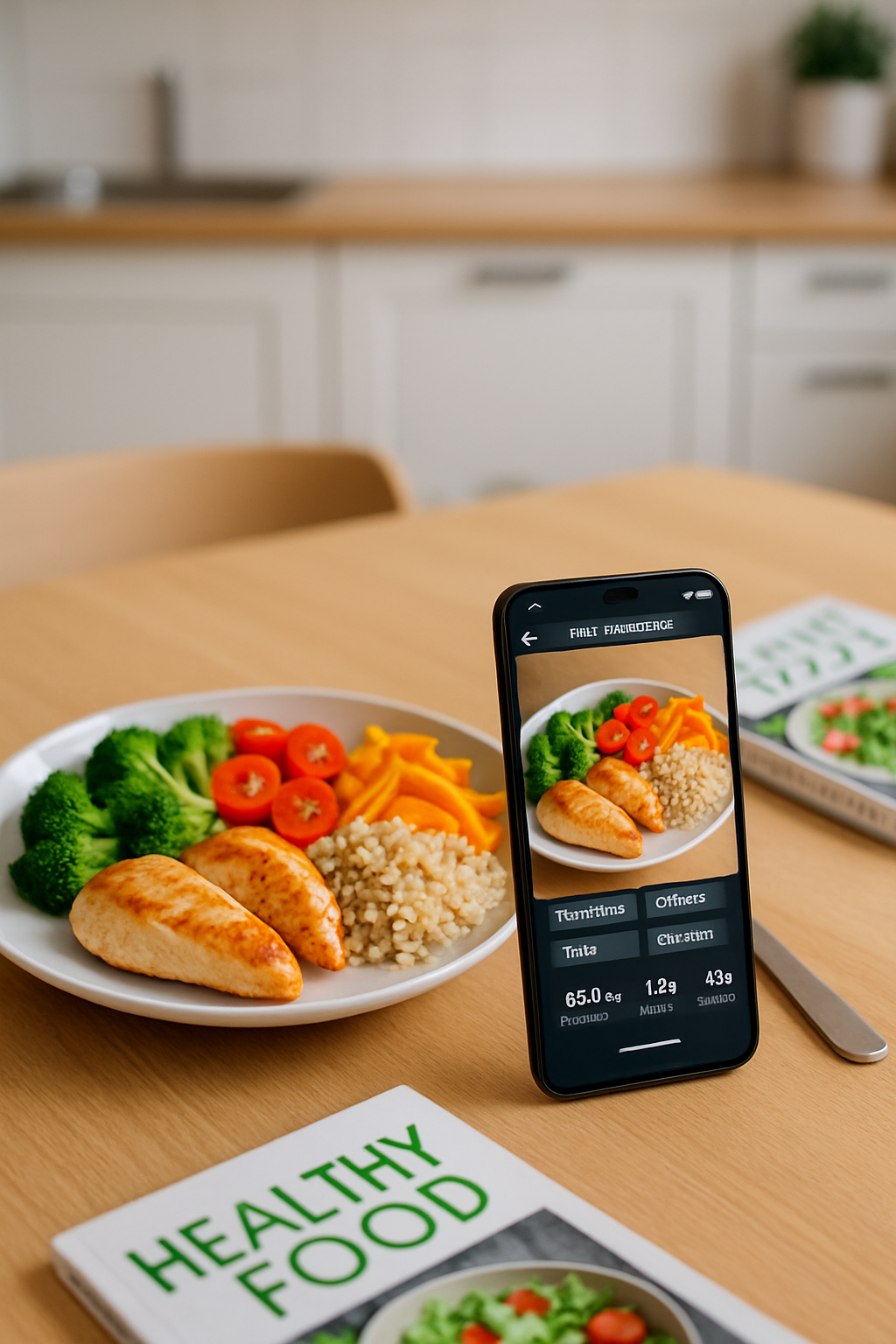 A smartphone displaying the SnapEat AI food tracker app with a photo of a healthy meal, demonstrating photo-based meal tracking