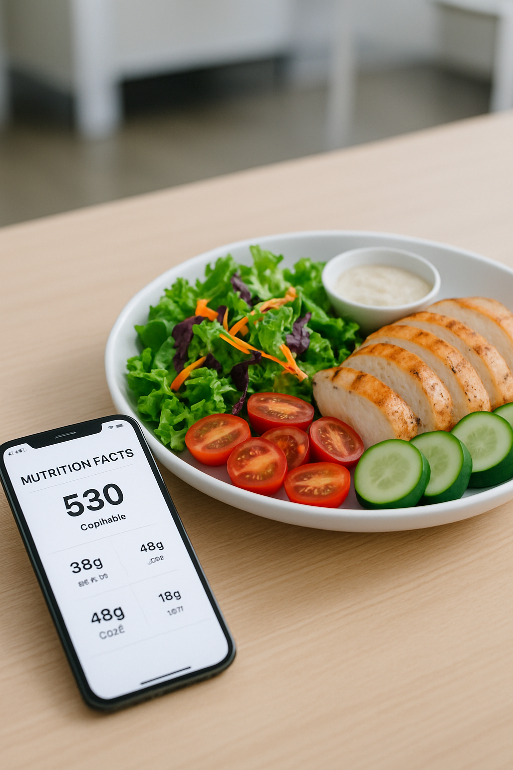 A smartphone showing the SnapEat AI app interface analyzing a photo of a salmon and vegetable meal to calculate calories and macros.