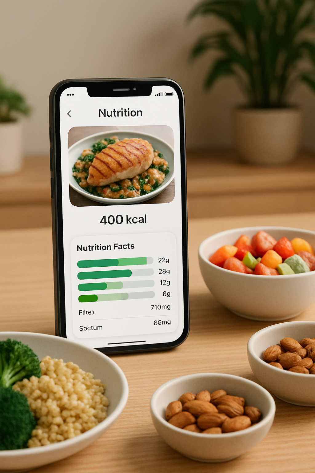 A smartphone displaying the SnapEat AI app using photo recognition to log a healthy meal for smart calorie tracking.