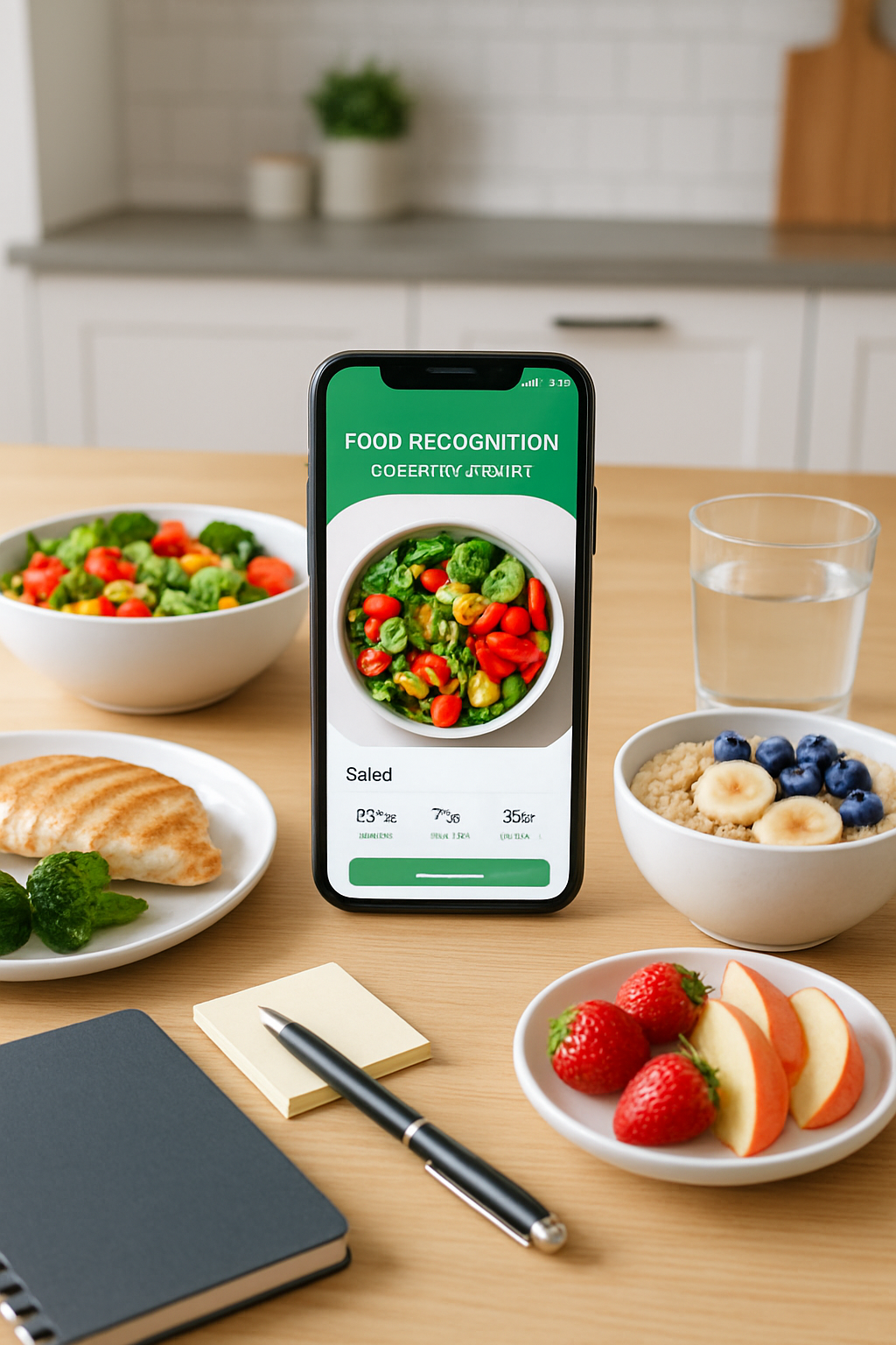A smartphone displaying the SnapEat AI app analyzing a photo of a healthy meal of salmon and vegetables.