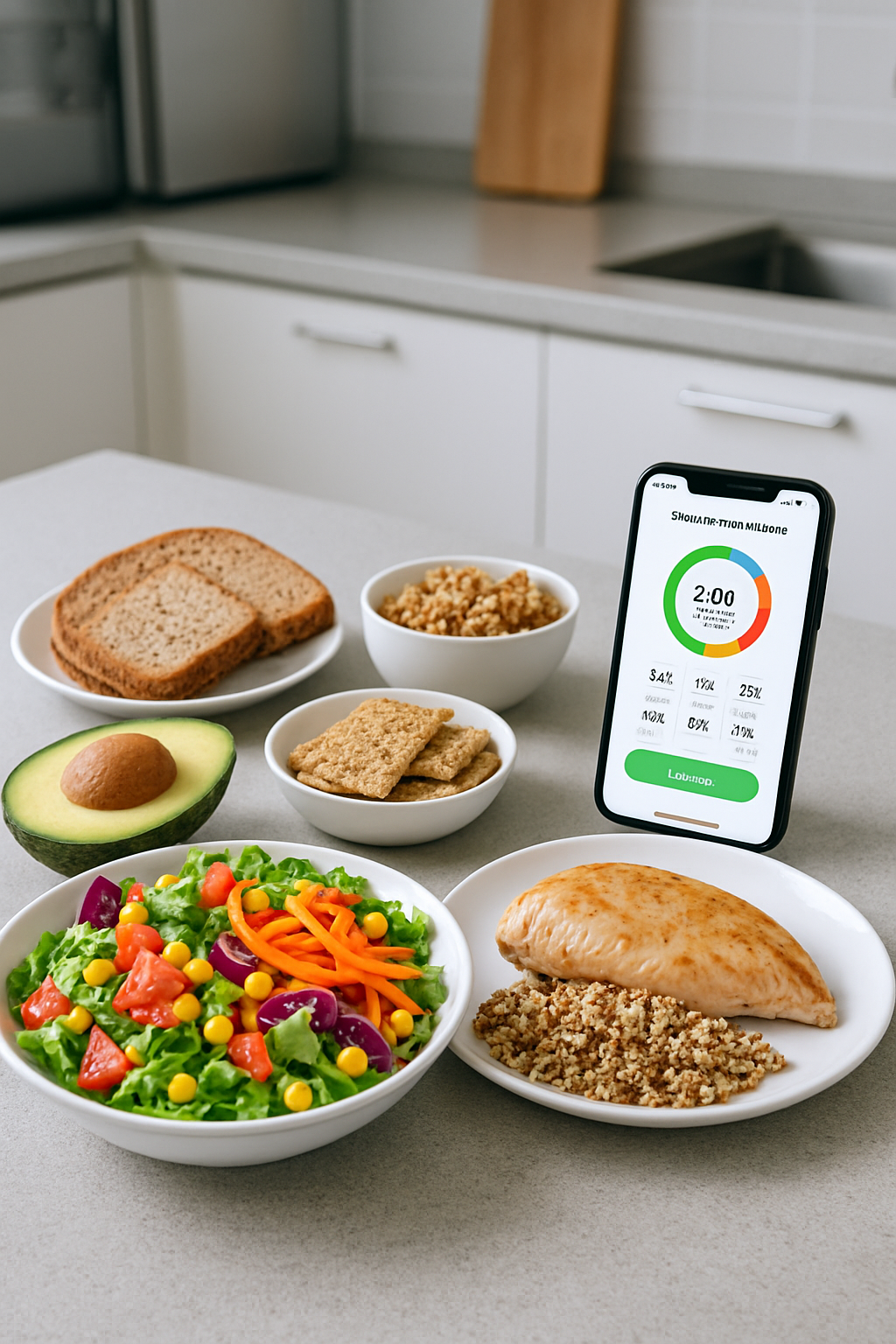 A person using the SnapEat AI app on their smartphone to track the nutrition of a healthy salad.